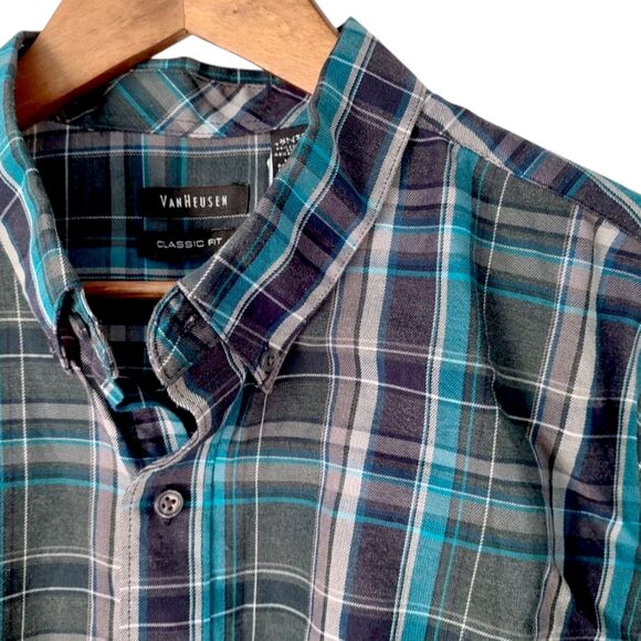 Van Heusen Classic Fit Plaid Checkered Button-Down Shirt Sz XL - Teal Navy Gray - Picture 7 of 13